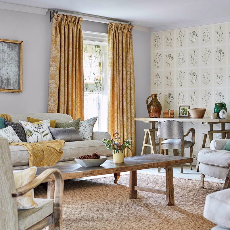 Living room with Sycamore Weave made up as full-length curtains framing a window, with matching cushions and a throw on the sofa.