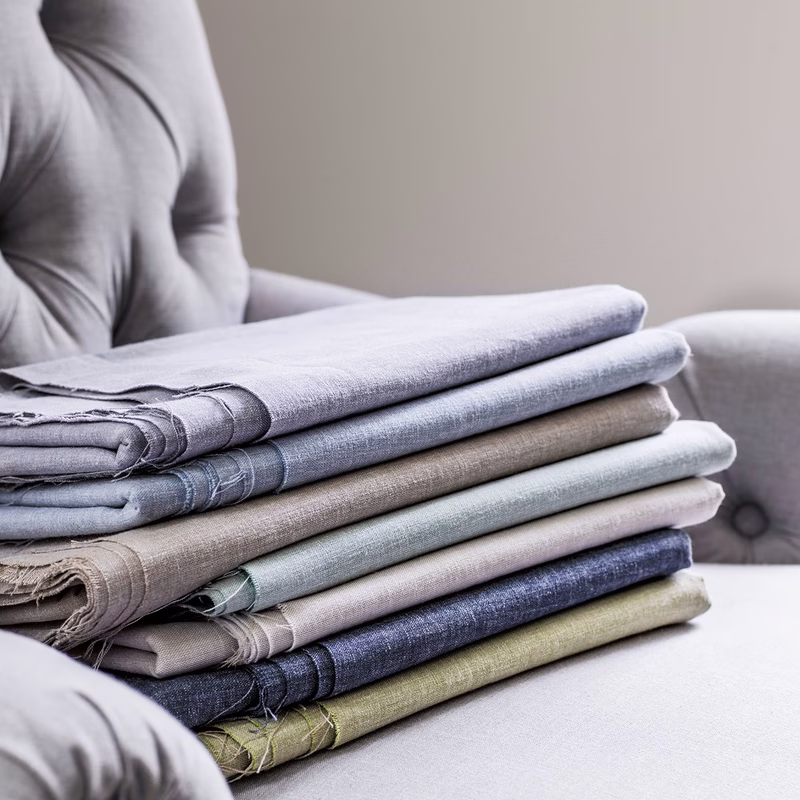 A stack of folded upholstery fabric samples on a chair, shown as flat lengths of cloth.