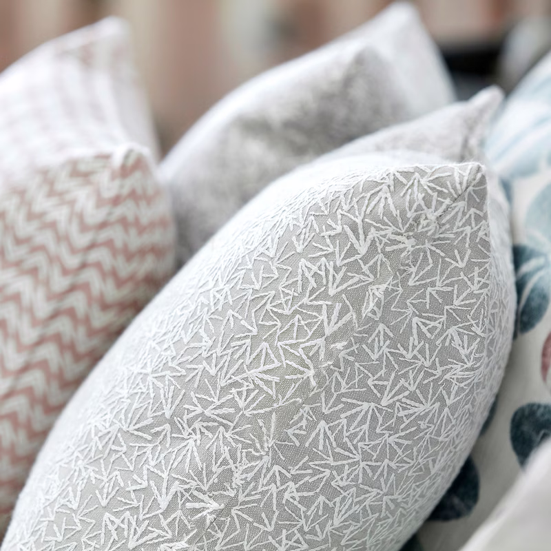 Close-up of patterned cushions in a room, with the Bird Feet cloth made up as cushions.