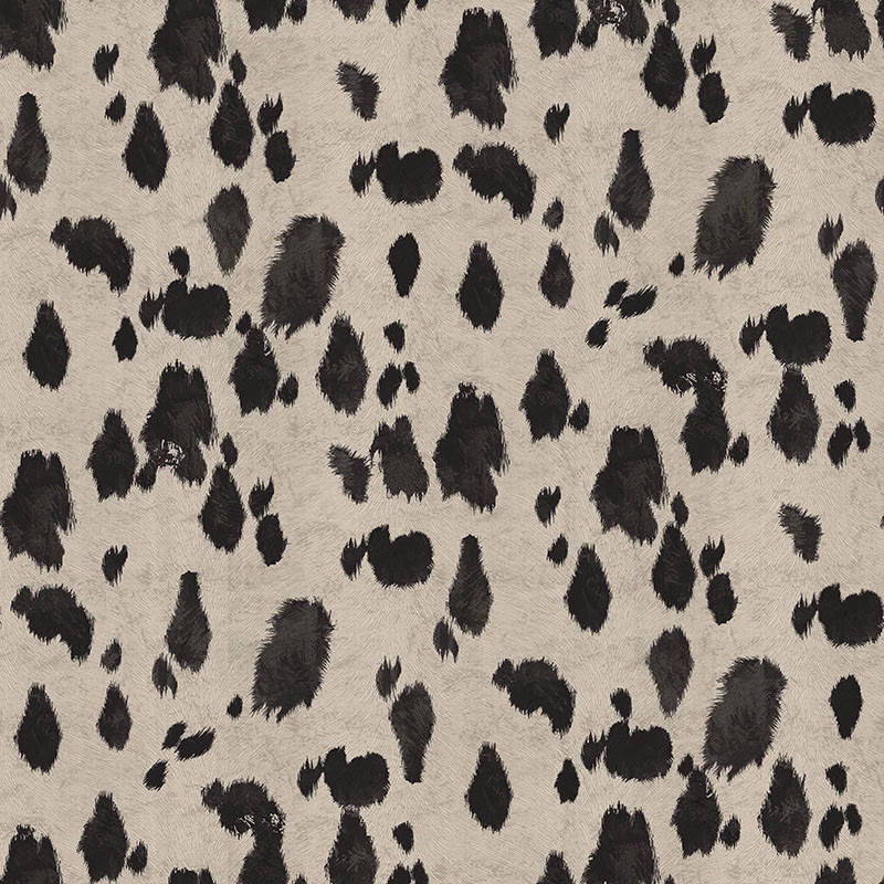 Warm taupe textile with irregular black brush-mark animal spots and softly textured surface