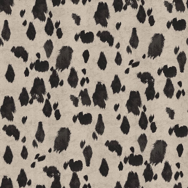 Warm taupe textile with irregular black brush-mark animal spots and softly textured surface