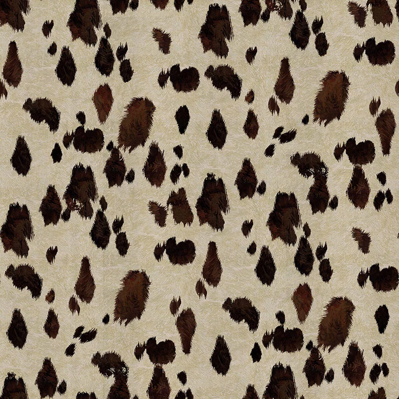Warm cream upholstery fabric with scattered shaggy brown and black animal-print markings