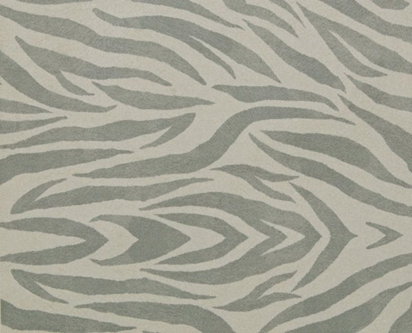Cool ivory fabric with broad muted grey zebra stripes and a softly textured surface