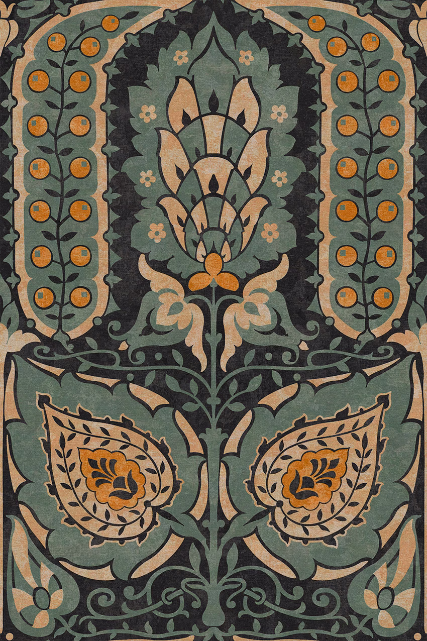 Muted teal and ochre botanical medallions on a charcoal ground