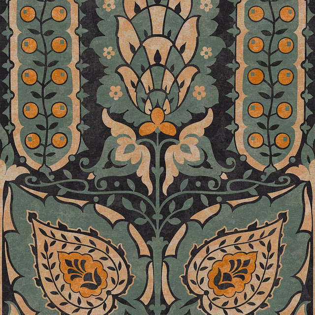 Muted teal and ochre botanical medallions on a charcoal ground
