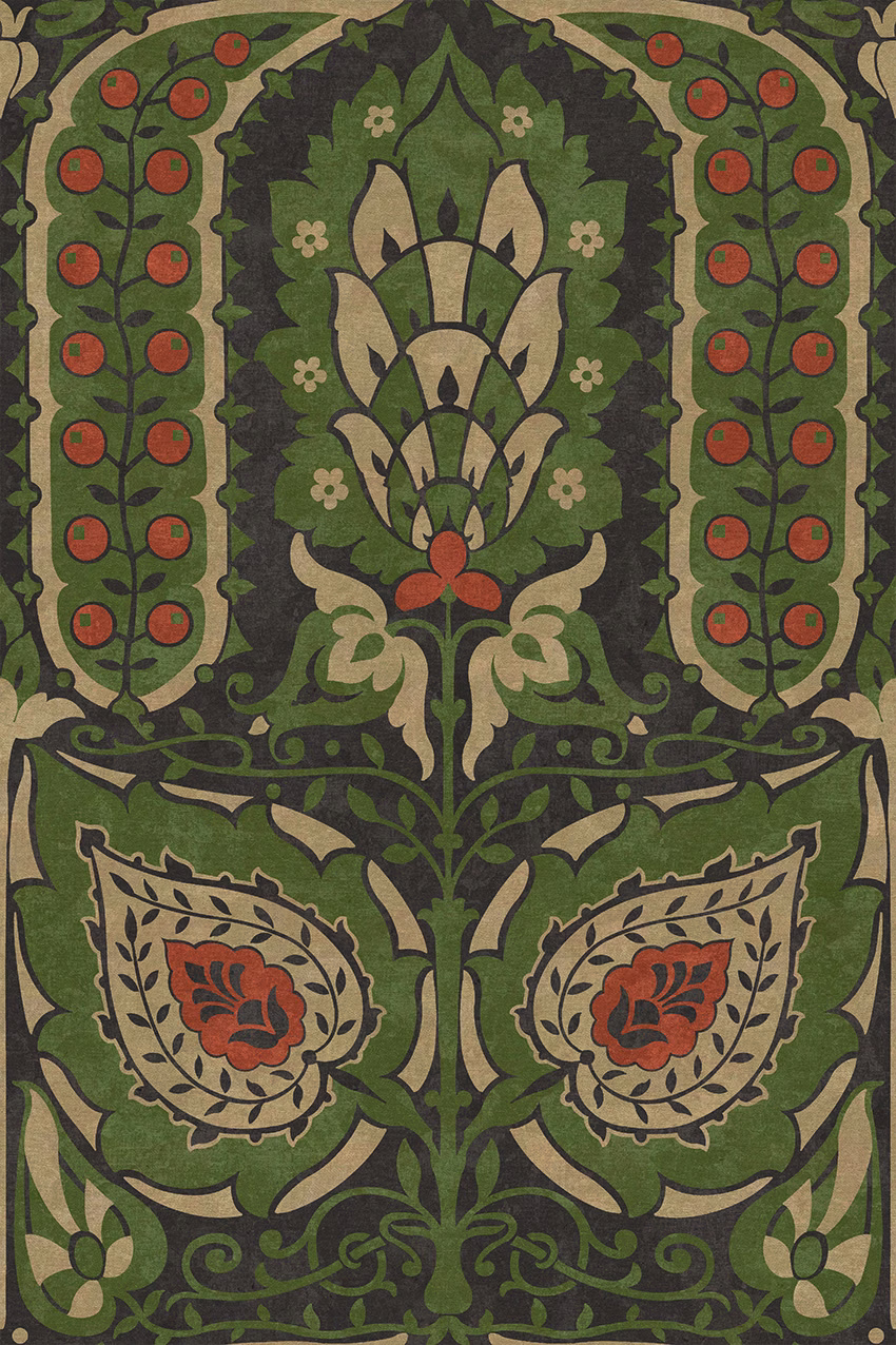 Muted olive botanical fabric with rust-red flowers, tan paisley panels and dark scrolling vines