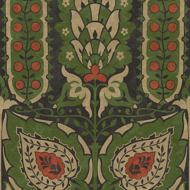 Muted olive botanical fabric with rust-red flowers, tan paisley panels and dark scrolling vines