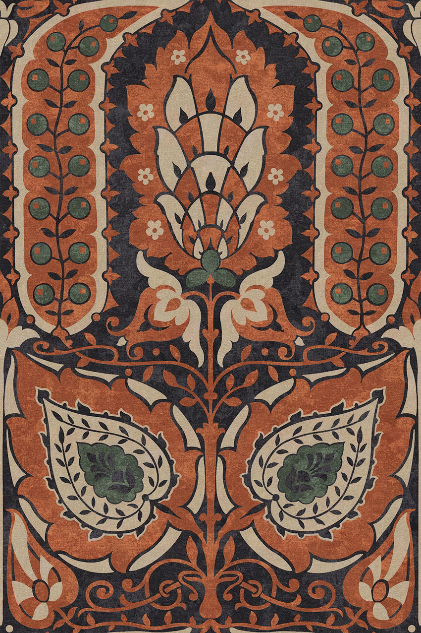Terracotta botanical medallion with charcoal outlines, cream leaves and muted green foliage