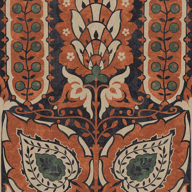 Terracotta botanical medallion with charcoal outlines, cream leaves and muted green foliage
