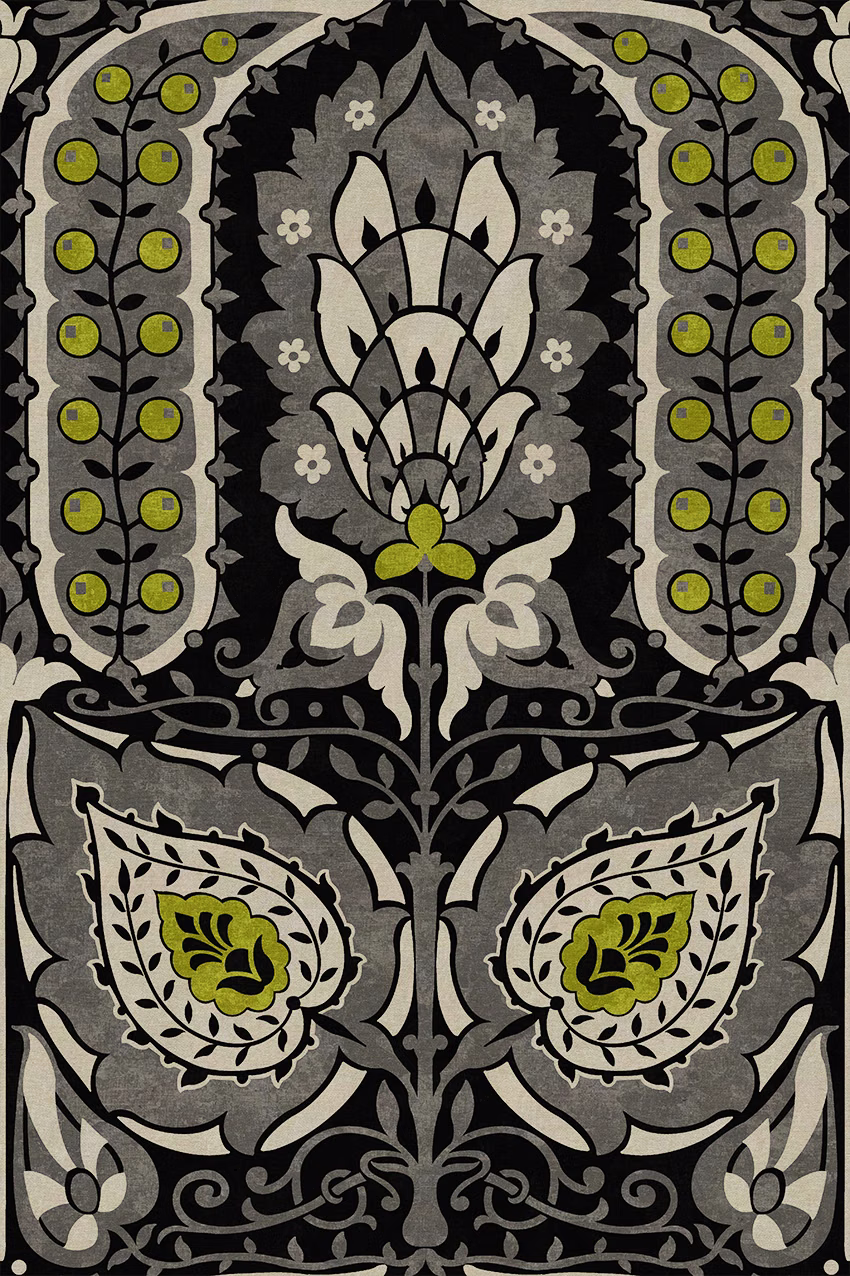 Charcoal and cream symmetrical botanical swatch with olive-green leaf accents and grey scrollwork