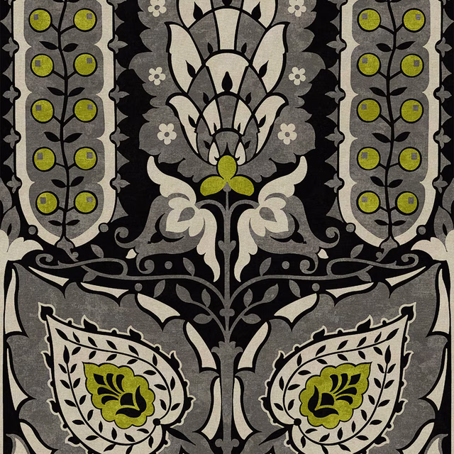 Charcoal and cream symmetrical botanical swatch with olive-green leaf accents and grey scrollwork