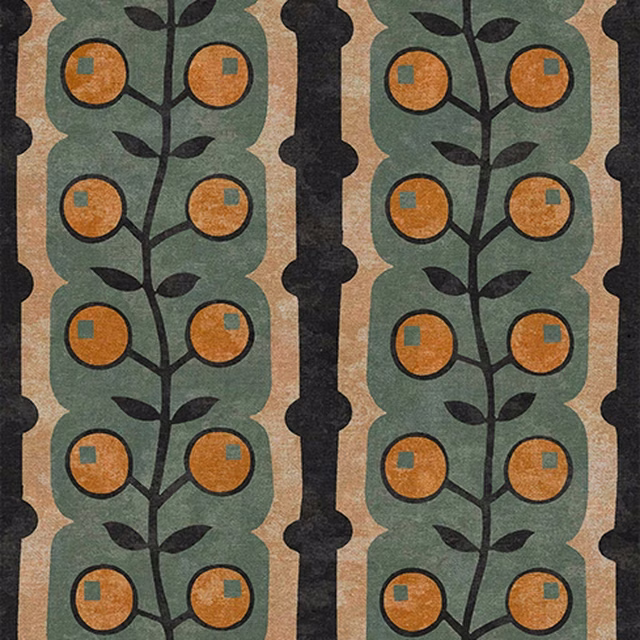 Cool sage striped textile with ochre roundels, black leafy stems and a grainy surface
