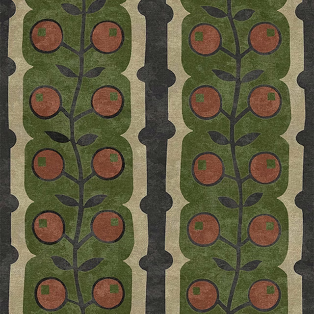 Hunter-green botanical stripes with rust roundels, charcoal stems and an oatmeal ground