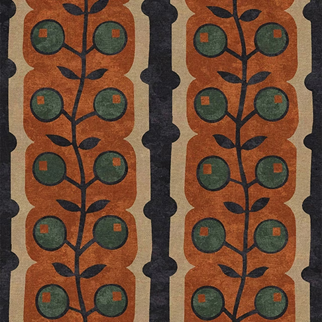 Sienna botanical stripe with charcoal stems, moss-green circles and textured woven surface