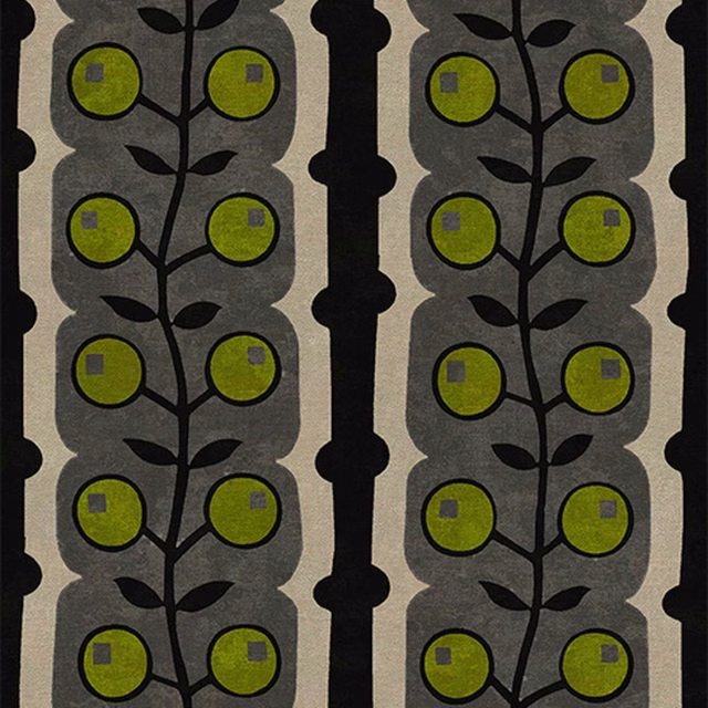 Charcoal botanical stripes with olive roundels on a cream ground