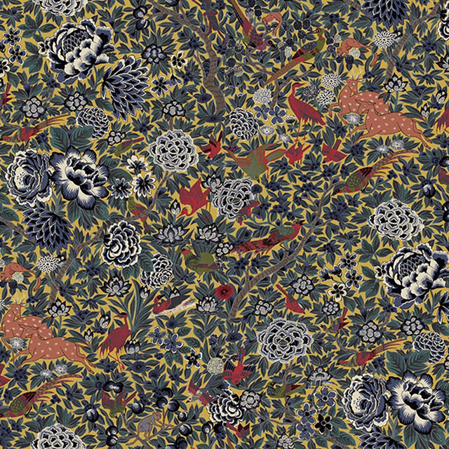 Dense moss olive botanical fabric with cream rosettes, navy foliage and rust accents