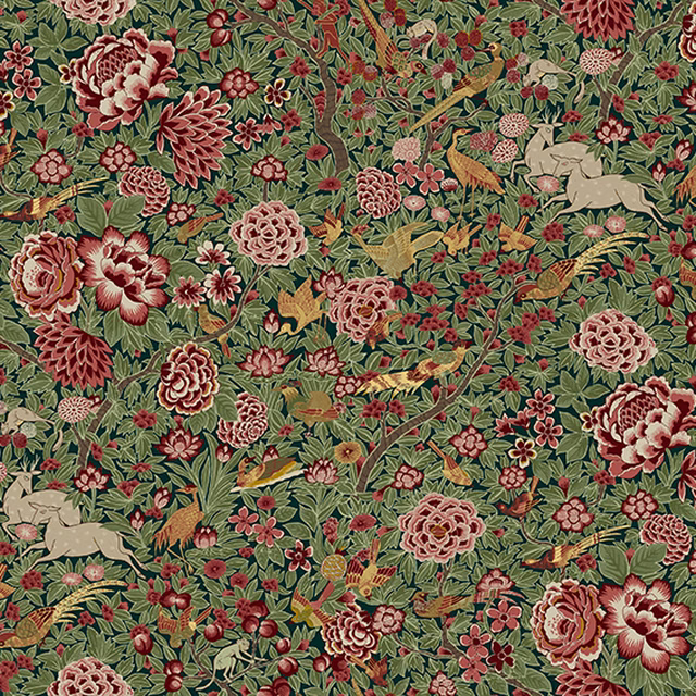 Jade green floral fabric with crimson roses, blush blooms and cream foliage