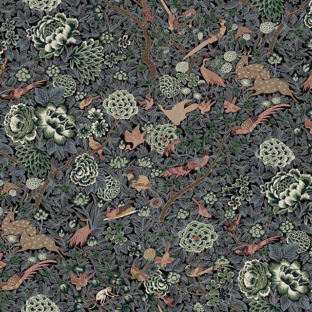 Midnight botanical fabric with pale rosettes, olive leaves and muted russet birds