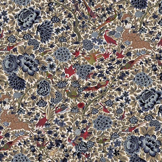 Cream floral fabric with slate-blue blooms, olive foliage, red birds and brown details