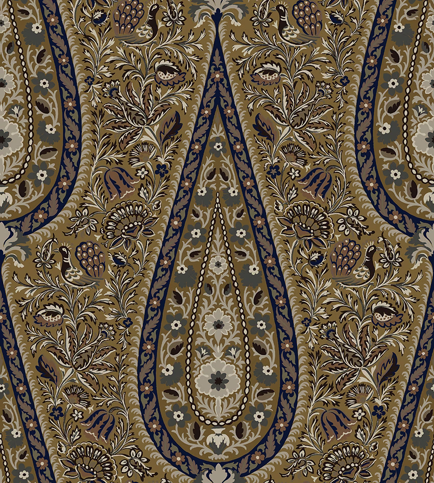 Olive-brown paisley fabric with navy borders, cream flowers and dense botanical motifs