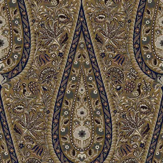 Olive-brown paisley fabric with navy borders, cream flowers and dense botanical motifs