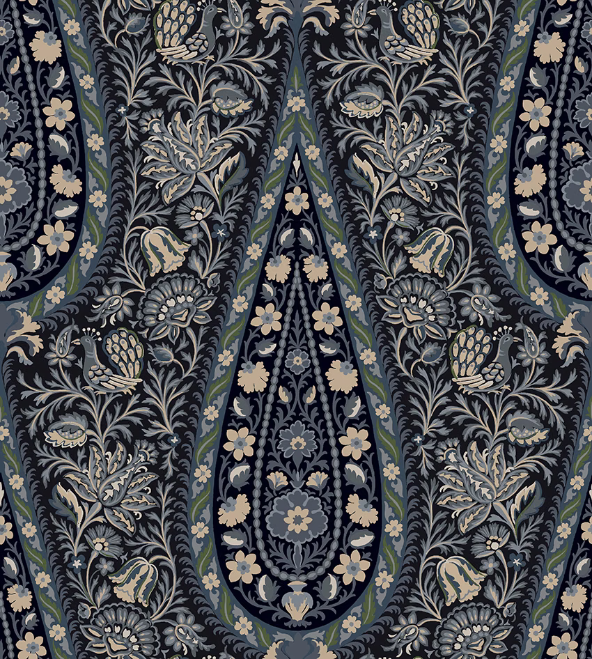 Deep navy botanical textile with mirrored paisleys, sage leaves and muted gold flowers