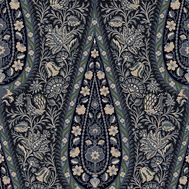 Deep navy botanical textile with mirrored paisleys, sage leaves and muted gold flowers