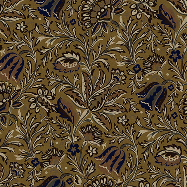 Olive-brown floral textile with navy leaves, cream scrolls and ochre blooms