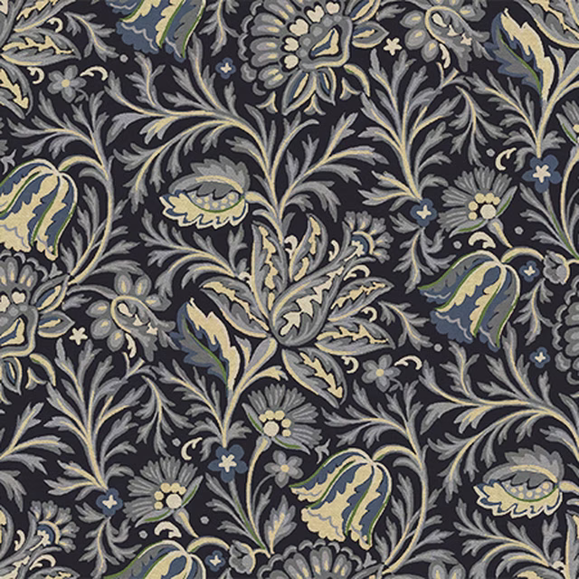 Dark charcoal floral fabric with cream, sage and blue-grey scrolling foliage