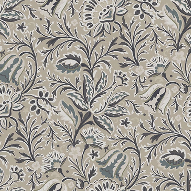 Oyster-taupe floral fabric with charcoal vines, ivory blooms and muted blue-grey leaves