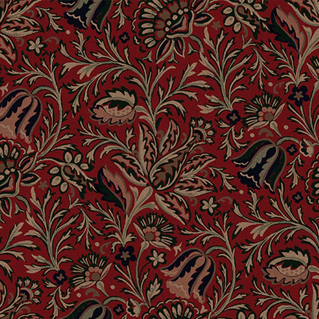 Deep scarlet fabric with dense olive, taupe and charcoal scrolling floral motifs