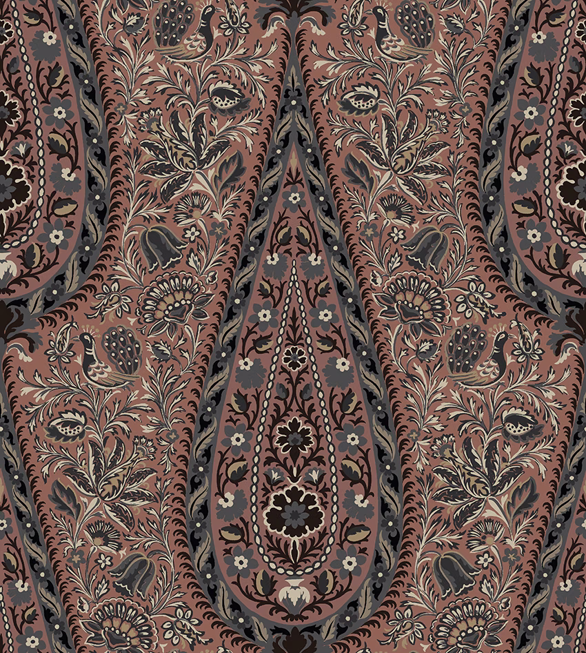 Dusty terracotta paisley and floral fabric with charcoal scrolling vines and cream accents