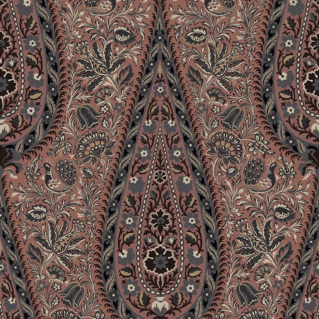 Dusty terracotta paisley and floral fabric with charcoal scrolling vines and cream accents
