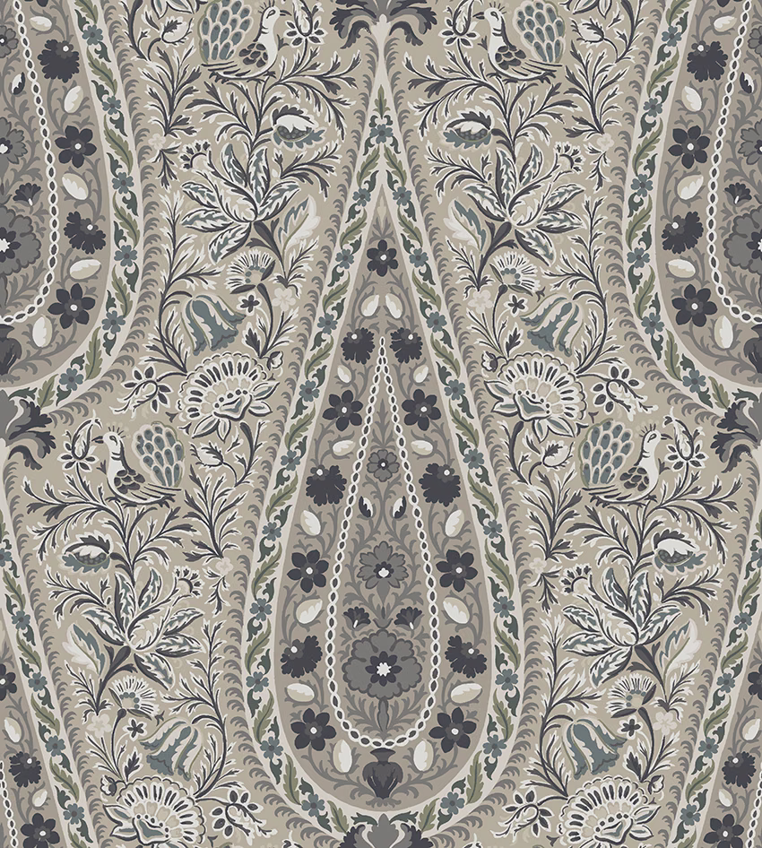 Oyster taupe paisley fabric with muted olive, grey and charcoal botanical motifs
