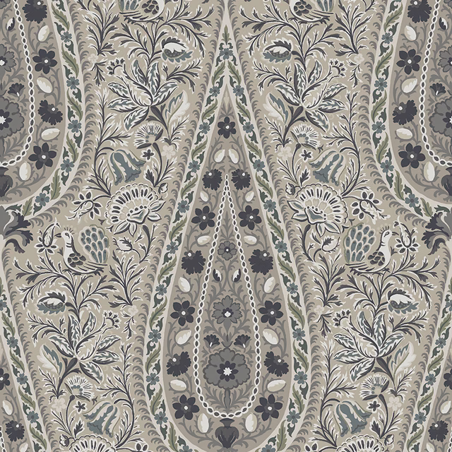 Oyster taupe paisley fabric with muted olive, grey and charcoal botanical motifs