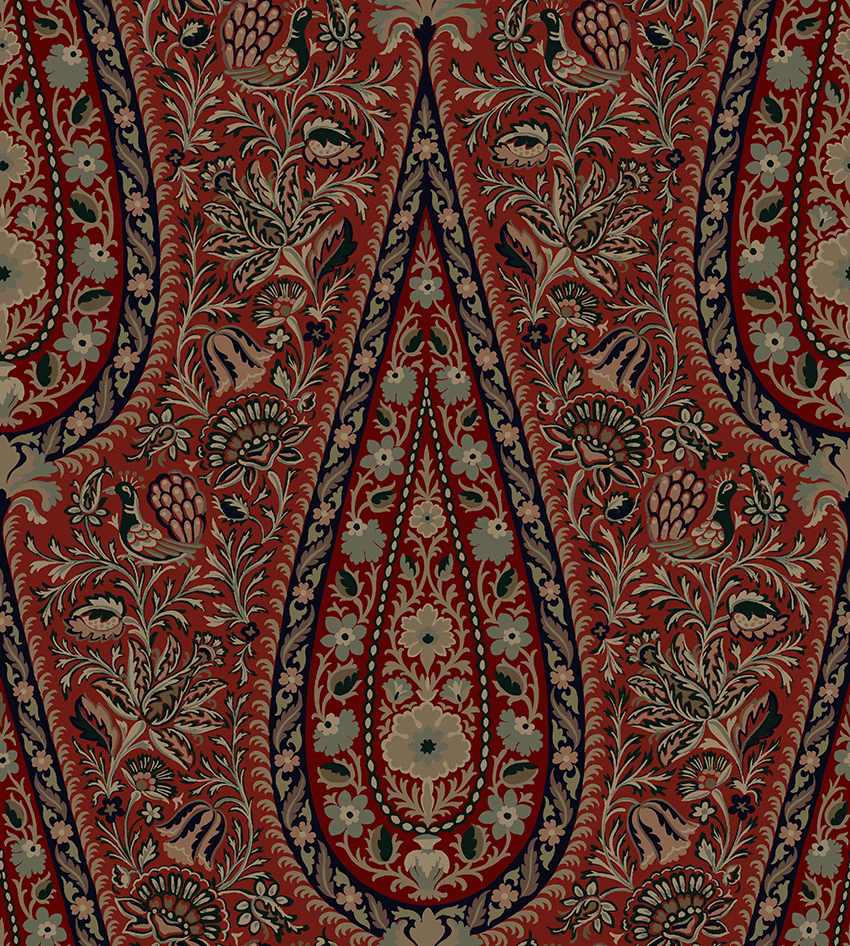 Deep scarlet paisley textile with olive, cream and navy botanical details