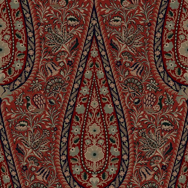 Deep scarlet paisley textile with olive, cream and navy botanical details