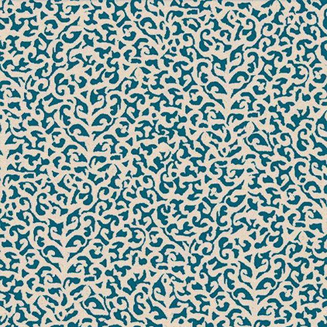 Dense deep teal scrolling floral motifs across a warm cream textile swatch