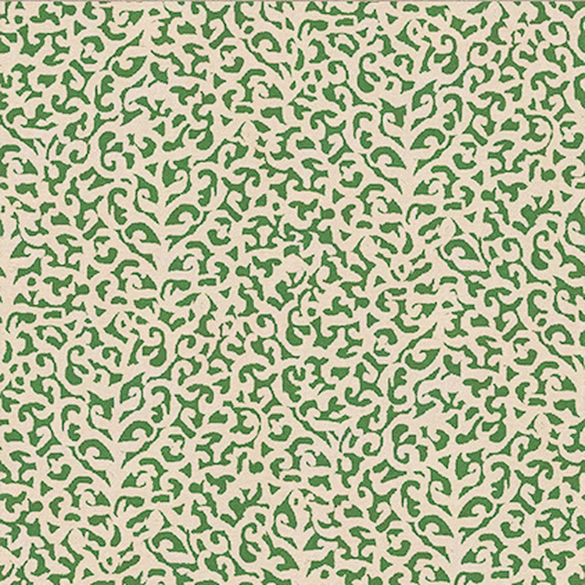 Dense muted mint-green scrolling motif on a warm cream fabric ground
