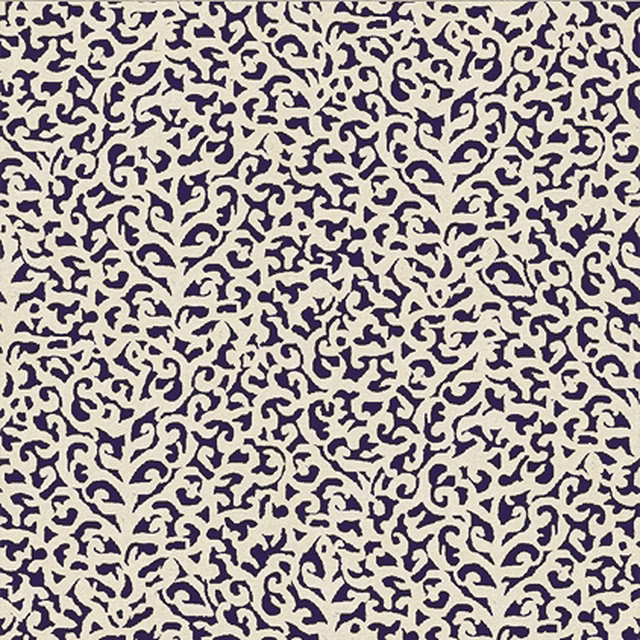 Cream textile with dense deep royal-purple curling motifs in a close all-over pattern