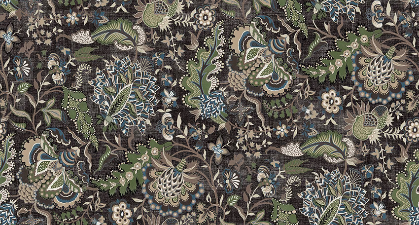 Charcoal botanical fabric with sage leaves, cream flowers and muted blue details