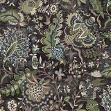 Charcoal botanical fabric with sage leaves, cream flowers and muted blue details