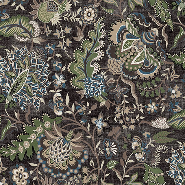Charcoal botanical fabric with sage leaves, cream flowers and muted blue details