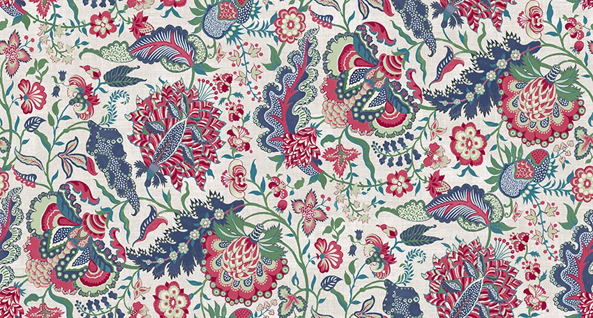 Cream fabric with red, teal, blue and green scrolling botanical motifs