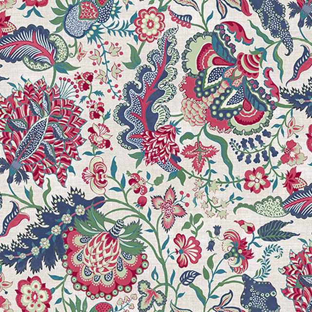 Cream fabric with red, teal, blue and green scrolling botanical motifs