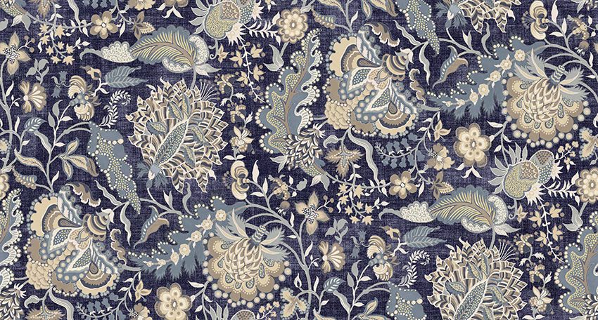 Dense navy floral and paisley textile with cream, sage and muted blue botanical details