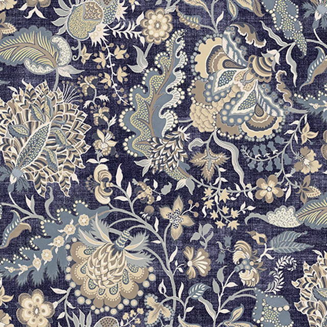 Dense navy floral and paisley textile with cream, sage and muted blue botanical details