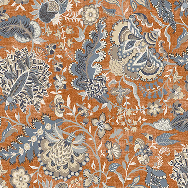Rust floral and paisley textile with blue-grey and cream botanical detail