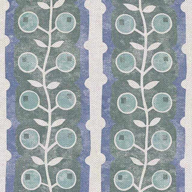 Muted emerald botanical stripes with powder-blue scallops and ivory circular stems
