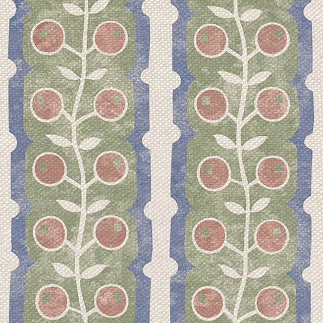 Muted garden-green botanical columns with terracotta berries, cream leaves and blue scalloped stripes